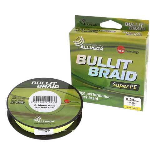 Леска плетеная Allvega Bullit Braid 0,24 мм, 135 м, 16,5 кг желтая в Спортландия